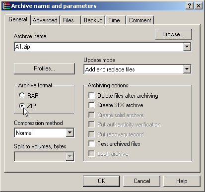 Select the ZIP archive format