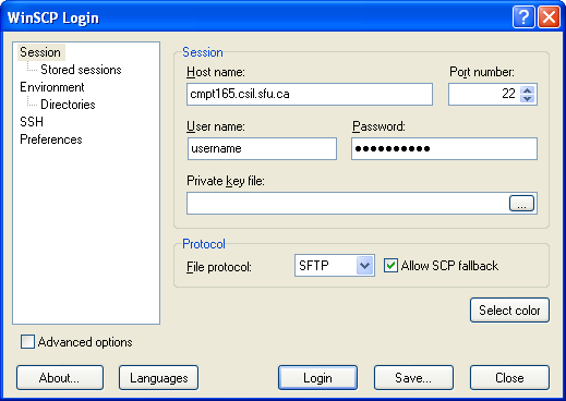 Logging into cmpt165 with WinSCP