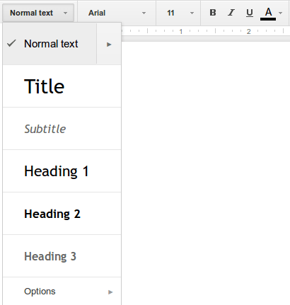 Google Docs tools for semantic formatting (left, under “Normal text”) and visual formatting (right, on the toolbar)