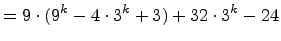 $\displaystyle = 9\cdot(9^k -4\cdot 3^k + 3) + 32\cdot 3^k-24$